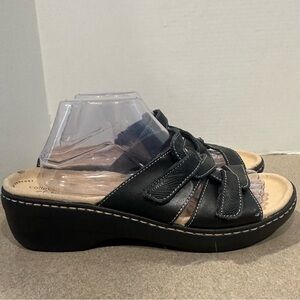Clarks Merliah Karli Women’s Black Leather Comfort Sandals with Woven Straps 11